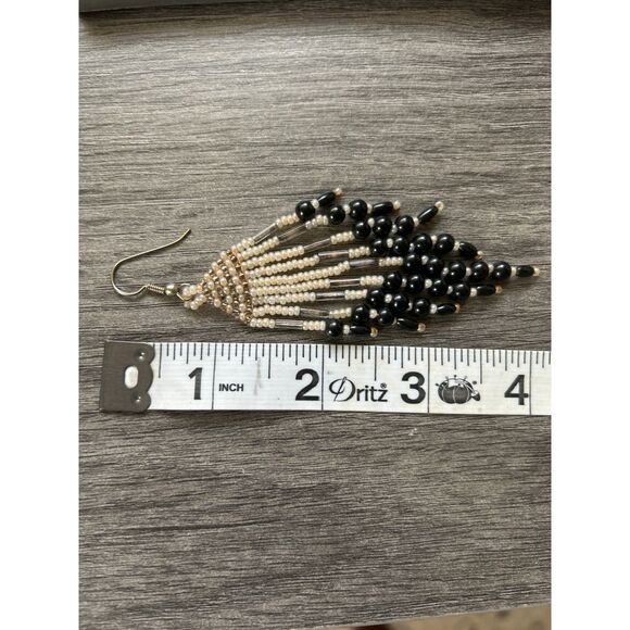 Black Silver Seed Bead Dangle Earrings Boho Fringe Handmade Style - Picture 4 of 4